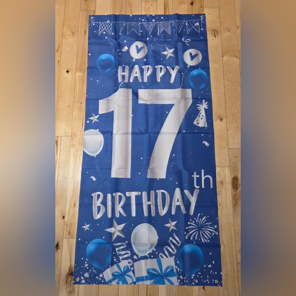 Blue & Silver 'Happy 17th Birthday' Banner with 4 Grommets (58" x 26")